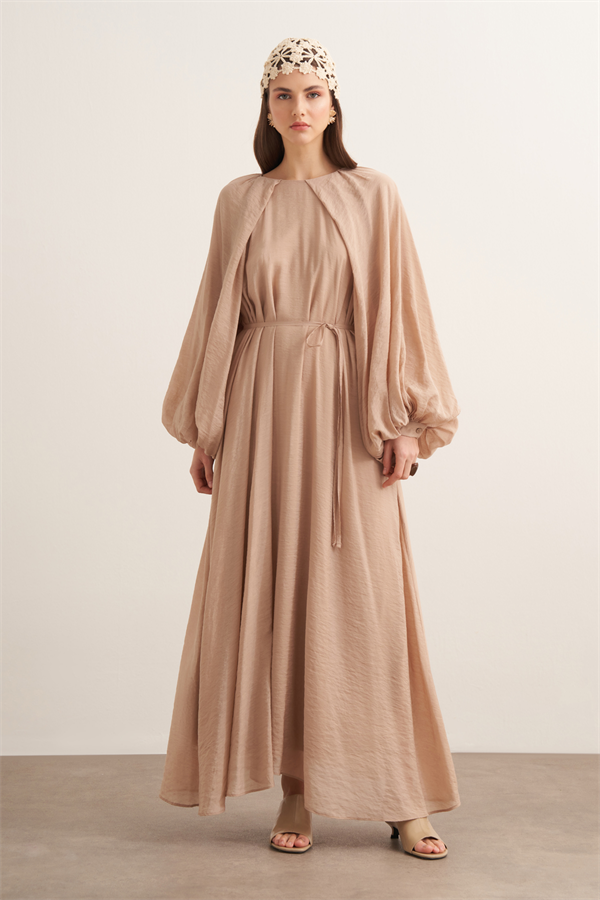 Arsela Balon Kol Uzun Elbise Bej