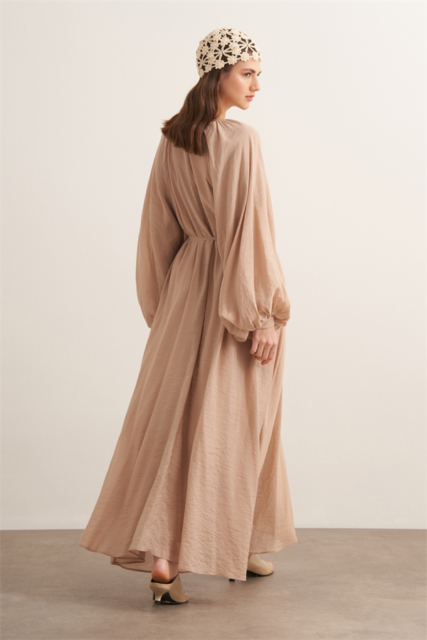 Arsela Balon Kol Uzun Elbise Bej