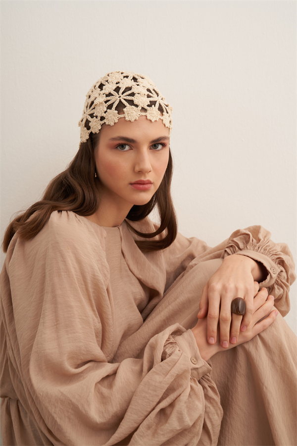 Arsela Balon Kol Uzun Elbise Bej