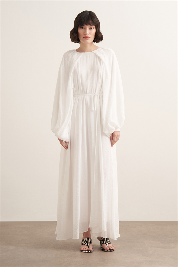 Arsela Balon Kol Uzun Elbise Beyaz