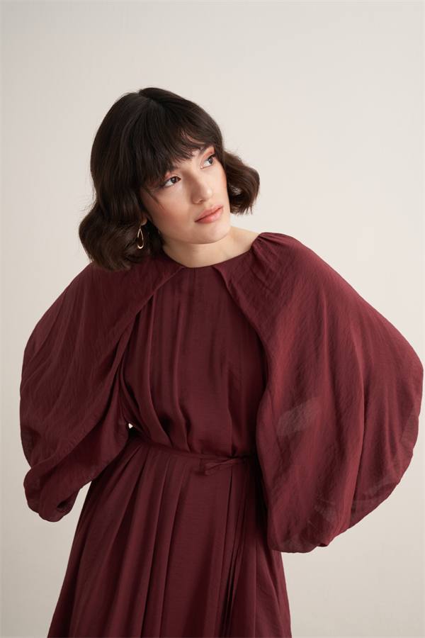 Arsela Balon Kol Uzun Elbise Bordo