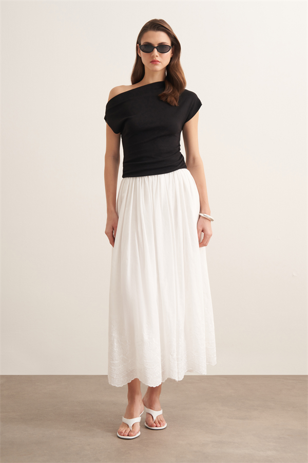 Aubree Nakışlı Vual Etek Beyaz