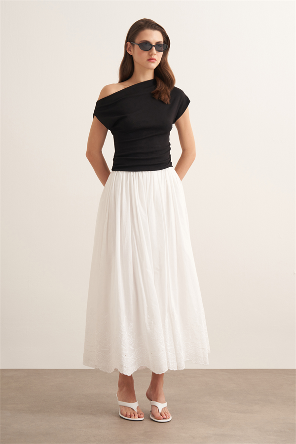Aubree Nakışlı Vual Etek Beyaz