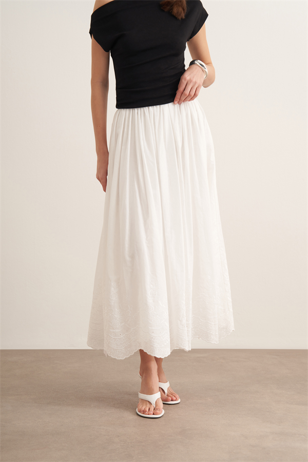 Aubree Nakışlı Vual Etek Beyaz