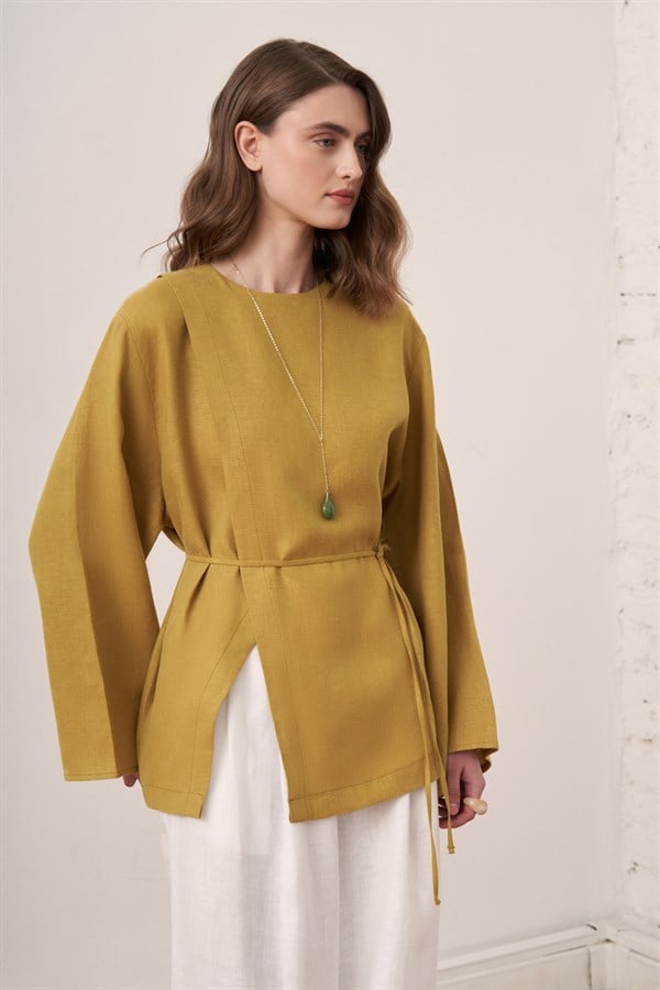 Azela Kuşaklı Keten Bluz Olive