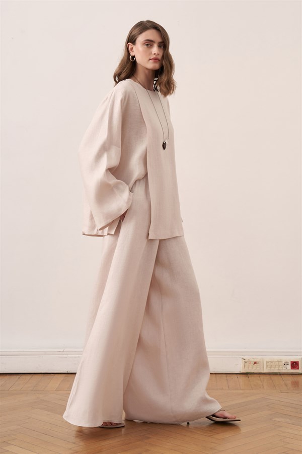 Azela Belted Linen Blouse Stone Color