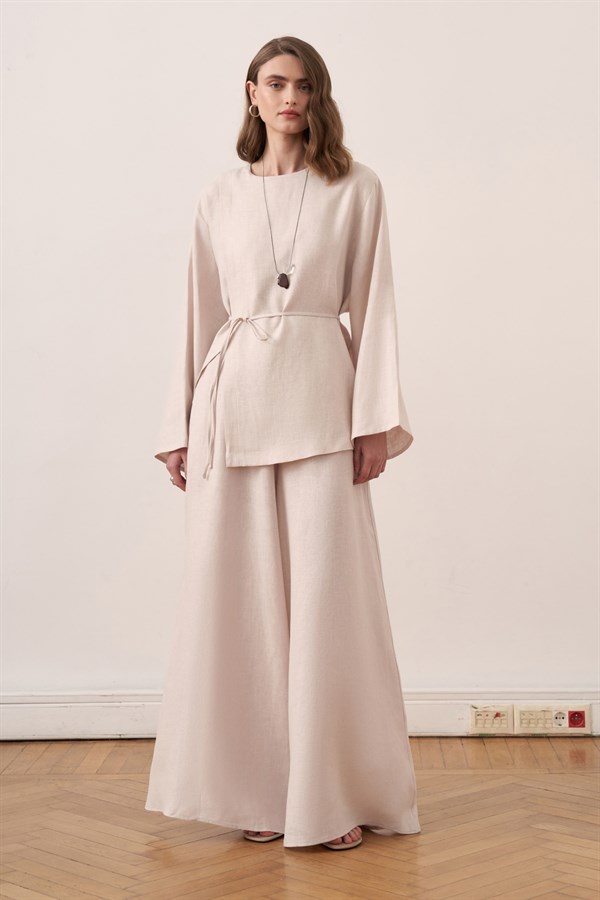 Azela Belted Linen Blouse Stone Color