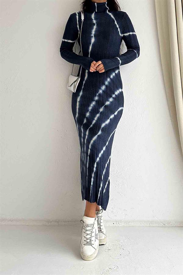 Balıkçı Yaka Batik Triko Lacivert Elbise