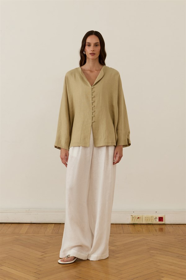 Brisa Belted Linen Shirt Sage Green