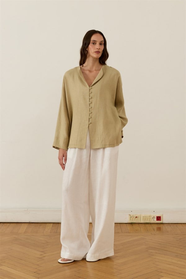 Brisa Belted Linen Shirt Sage Green
