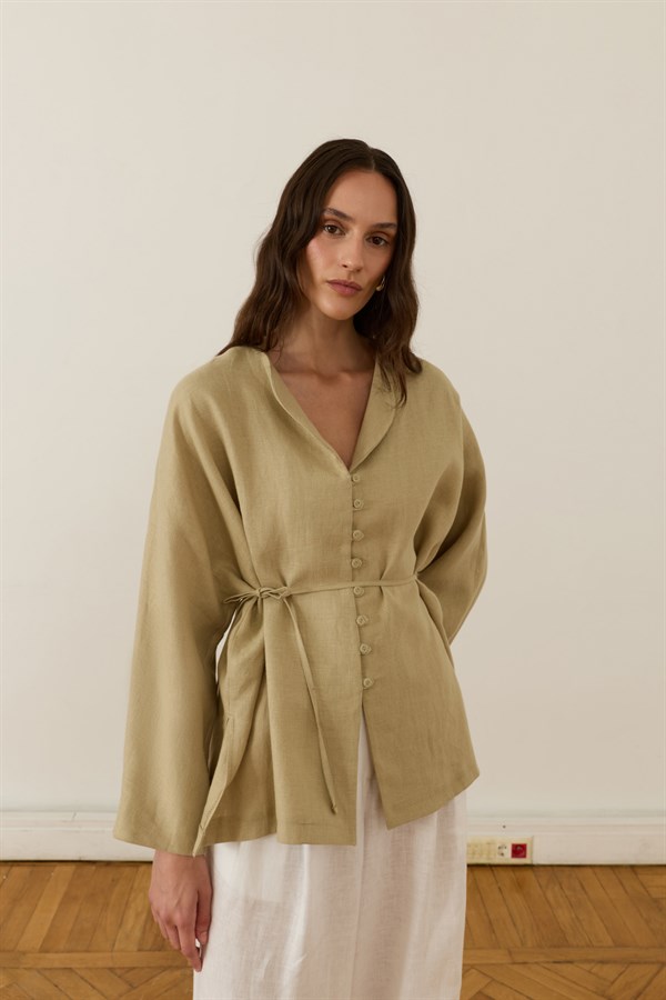 Brisa Belted Linen Shirt Sage Green
