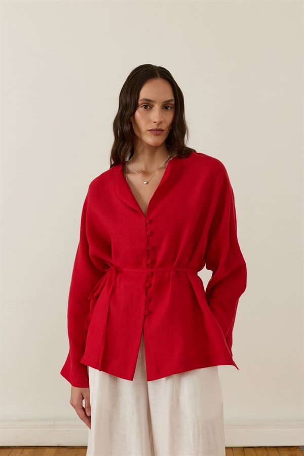 Brisa Belted Linen Shirt Red