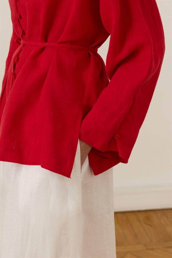 Brisa Belted Linen Shirt Red
