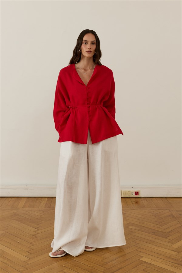Brisa Belted Linen Shirt Red