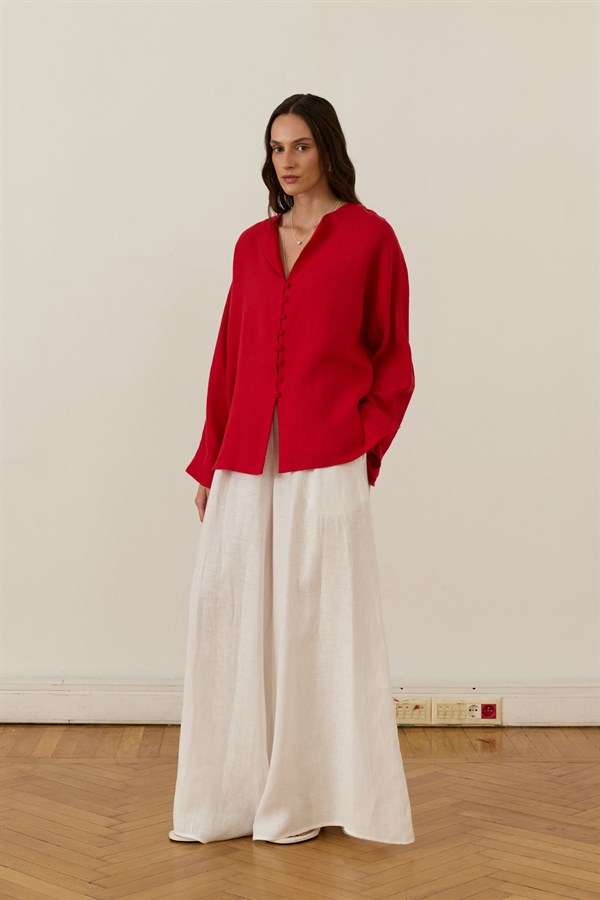 Brisa Belted Linen Shirt Red