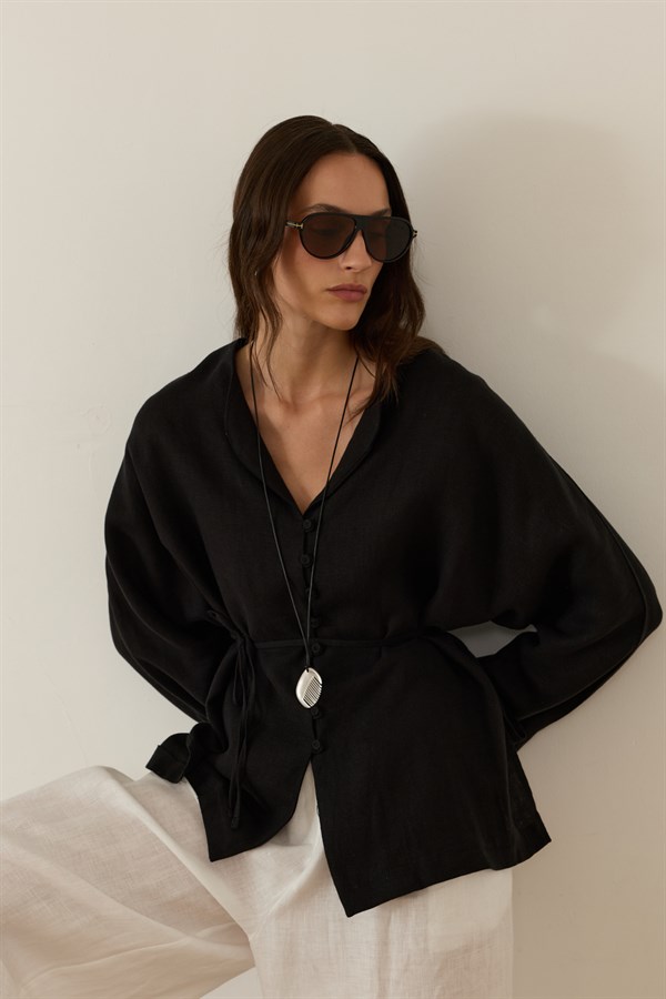 Brisa Belted Linen Shirt Black