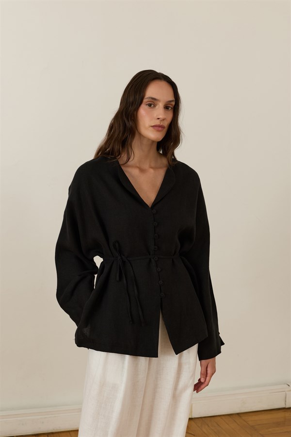 Brisa Belted Linen Shirt Black