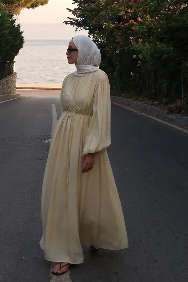 Cleo Büzgü Detaylı Uzun Elbise Butter