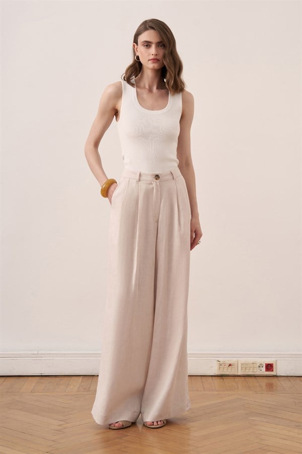 Camille Wide-Leg Linen Trousers Stone Color