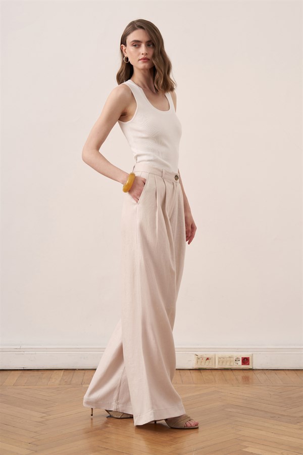 Camille Wide-Leg Linen Trousers Stone Color