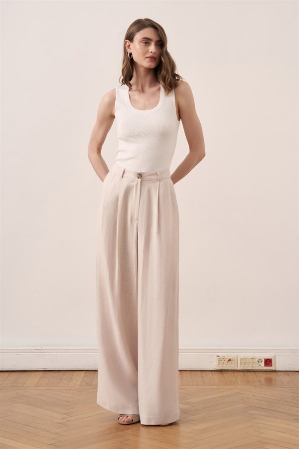 Camille Wide-Leg Linen Trousers Stone Color