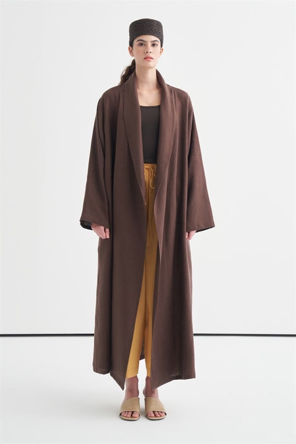 Celes Collar Detail Linen Kimono Dark Brown