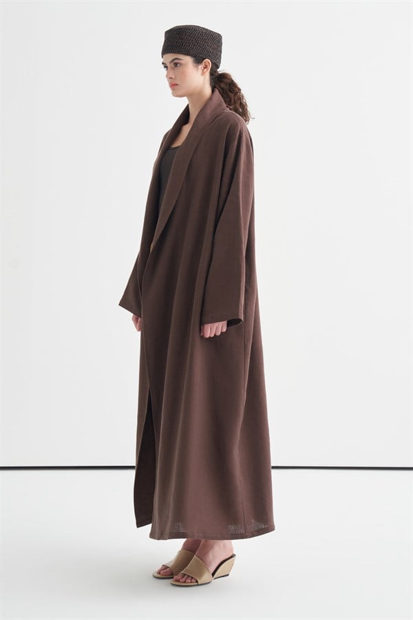 Celes Collar Detail Linen Kimono Dark Brown