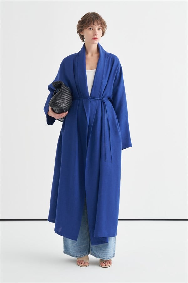 Celes Yaka Detaylı Keten Kimono Saks Mavisi