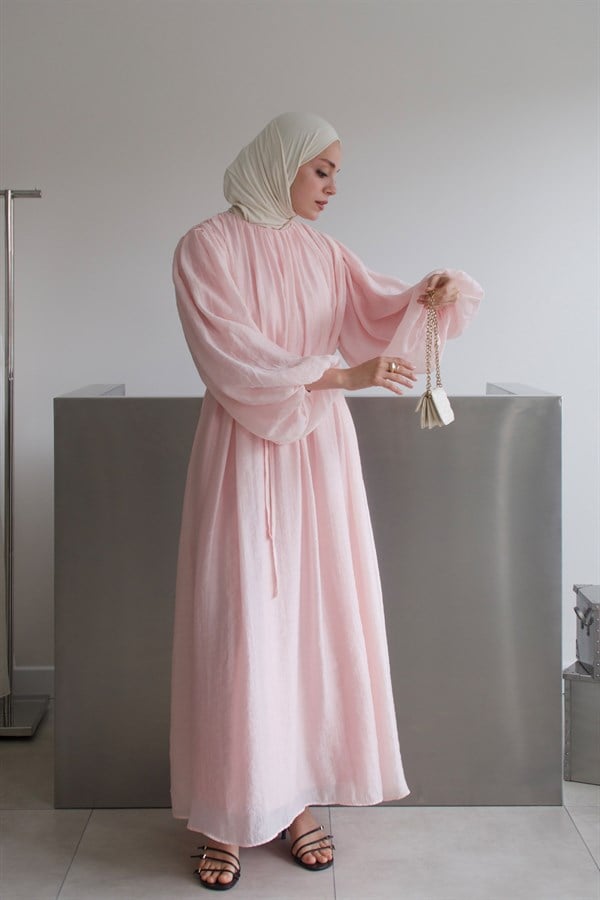 Cleo Büzgü Detaylı Uzun Elbise Soft Pembe