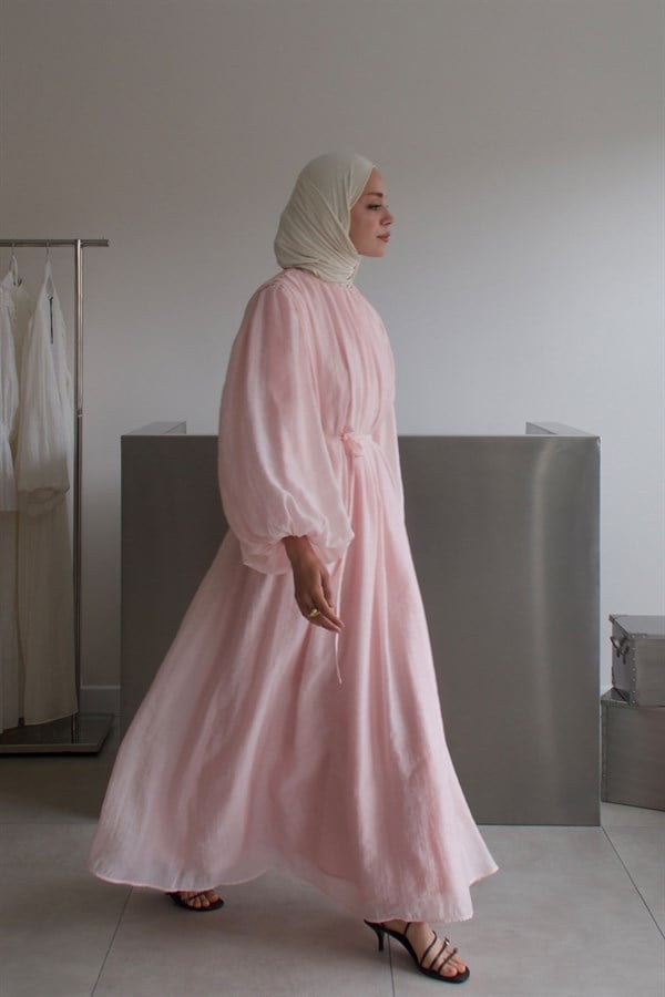 Cleo Büzgü Detaylı Uzun Elbise Soft Pembe