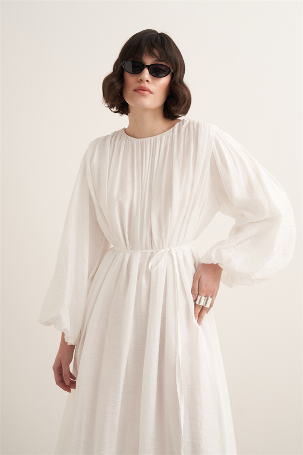 Cleo Büzgü Detaylı Uzun Elbise Beyaz