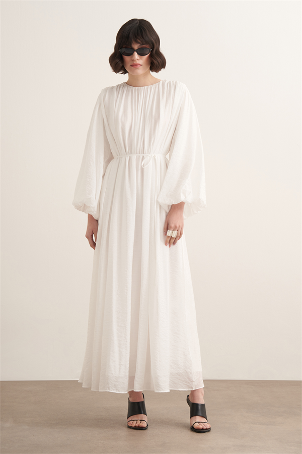Cleo Büzgü Detaylı Uzun Elbise Beyaz