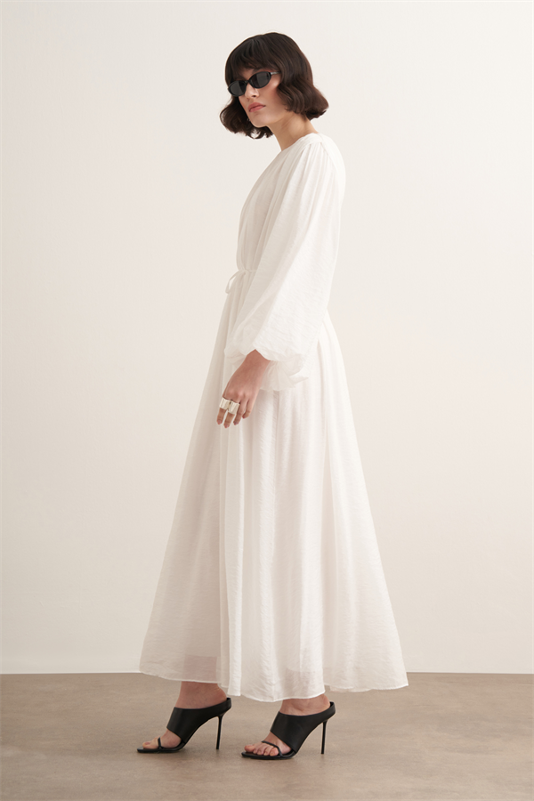 Cleo Büzgü Detaylı Uzun Elbise Beyaz