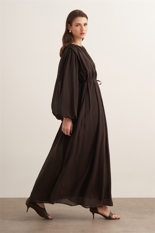 Cleo Büzgü Detaylı Uzun Elbise Kahve