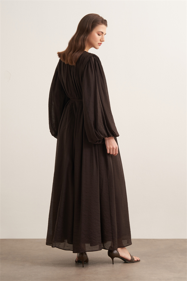 Cleo Büzgü Detaylı Uzun Elbise Kahve