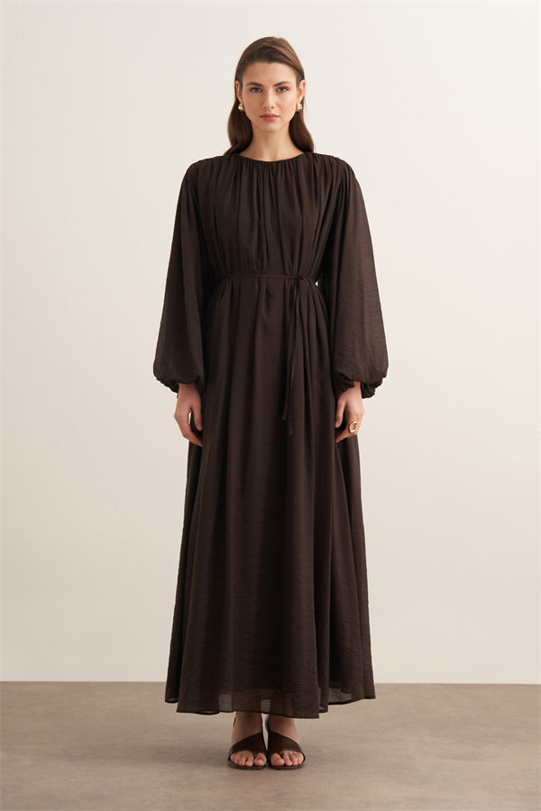 Cleo Büzgü Detaylı Uzun Elbise Kahve