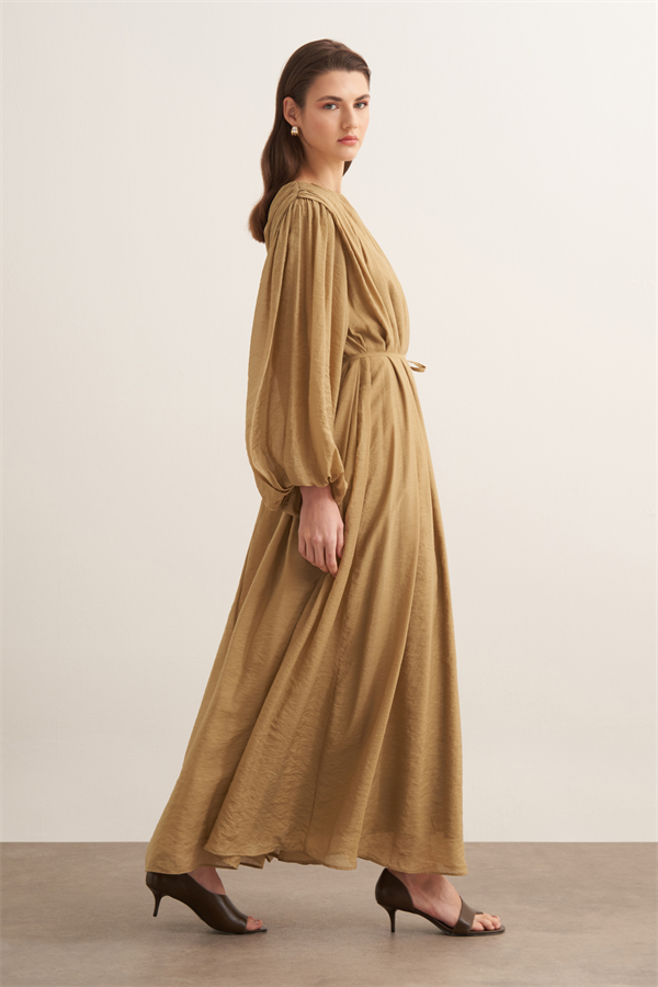 Cleo Büzgü Detaylı Uzun Elbise Olive