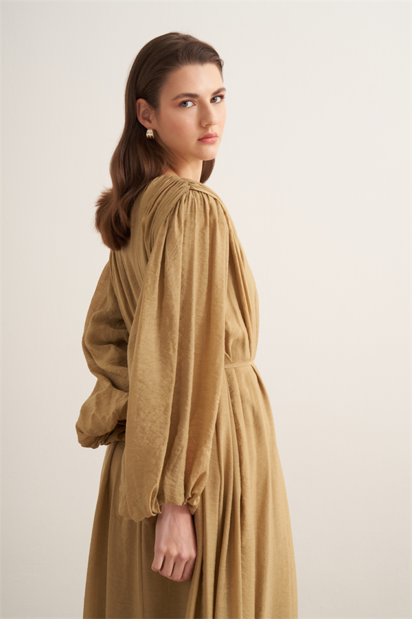 Cleo Büzgü Detaylı Uzun Elbise Olive