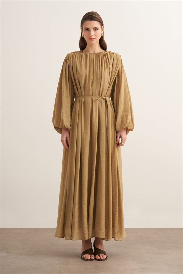 Cleo Büzgü Detaylı Uzun Elbise Olive