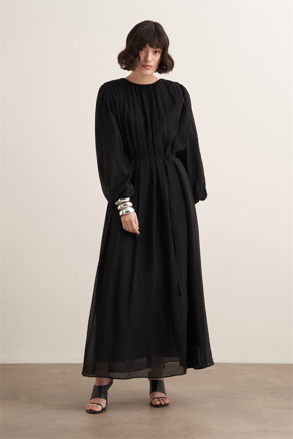 Cleo Büzgü Detaylı Uzun Elbise Siyah