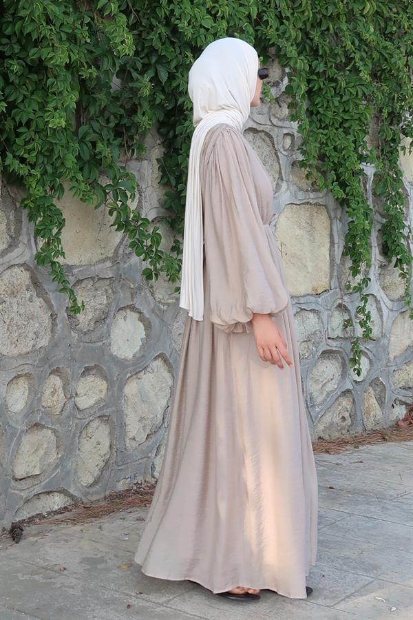 Cleo Büzgü Detaylı Uzun Elbise Vizon