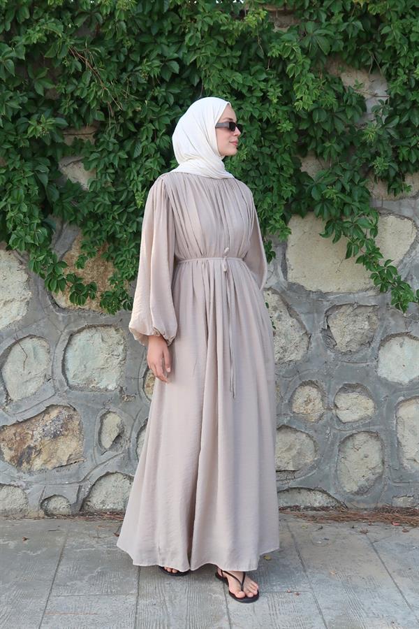 Cleo Büzgü Detaylı Uzun Elbise Vizon