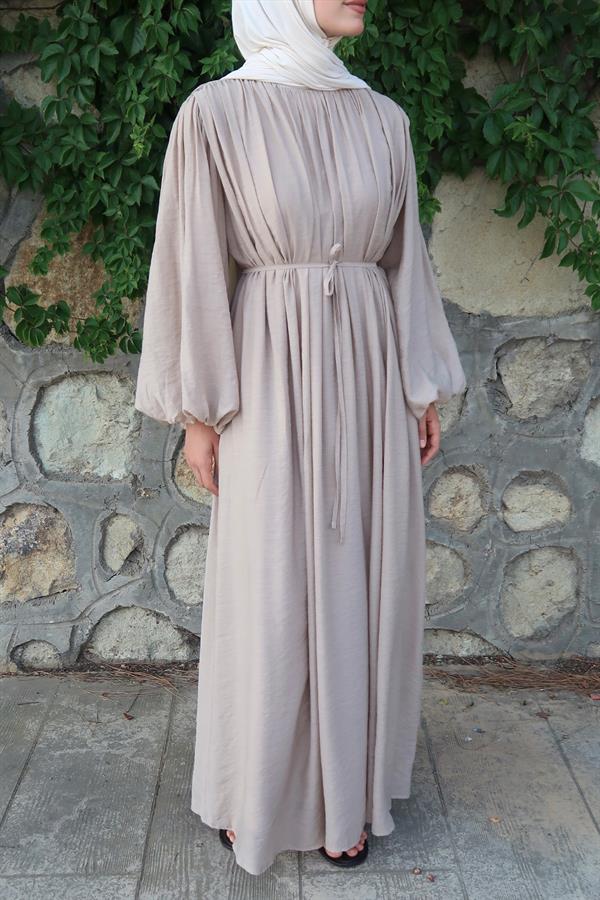 Cleo Büzgü Detaylı Uzun Elbise Vizon