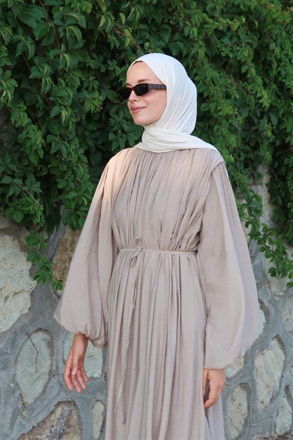 Cleo Büzgü Detaylı Uzun Elbise Vizon