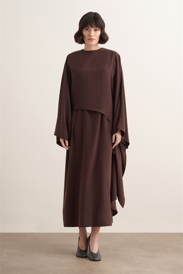 Dhiba Cupra Pelerinli İkili Elbise Takımı Acı Kahve