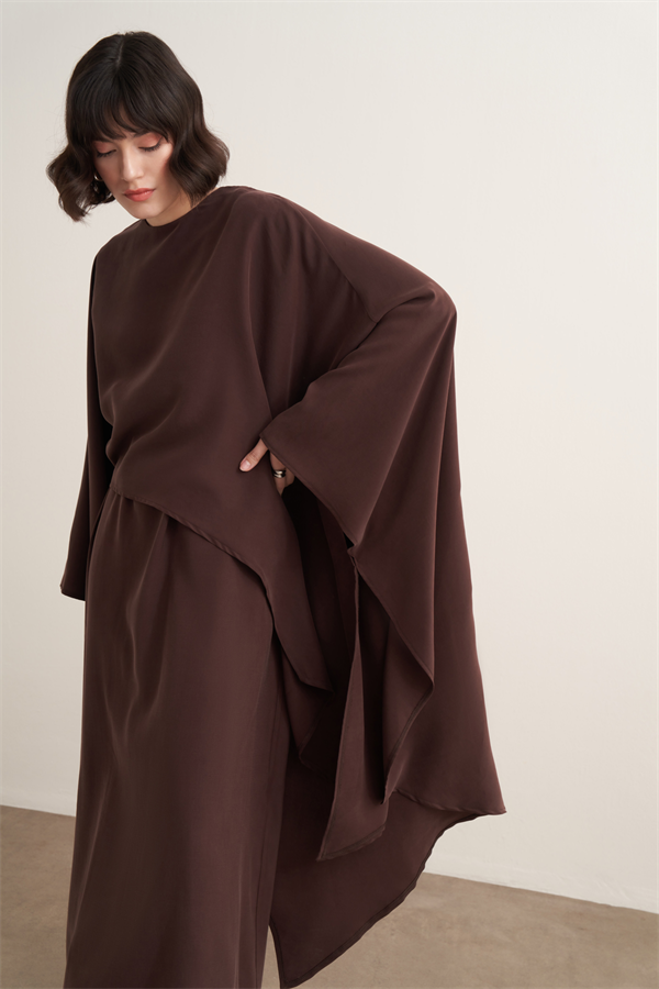 Dhiba Cupra Pelerinli İkili Elbise Takımı Acı Kahve