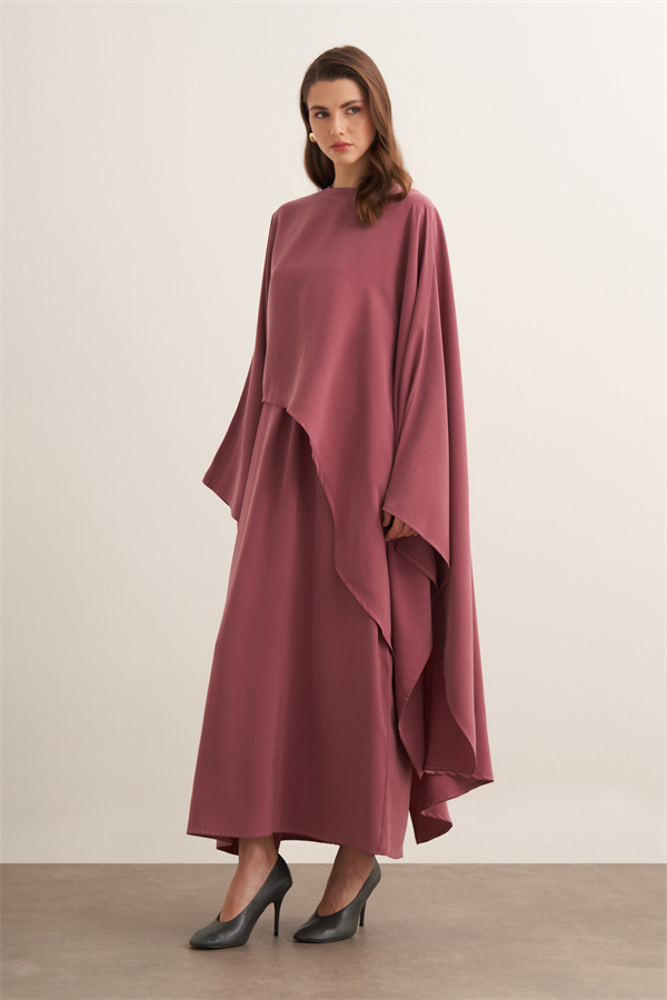 Dhiba Cupra Pelerinli İkili Elbise Takımı Gül Kurusu