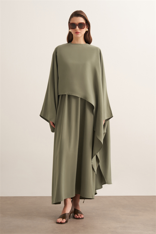 Dhiba Cupra Pelerinli İkili Elbise Takımı Haki