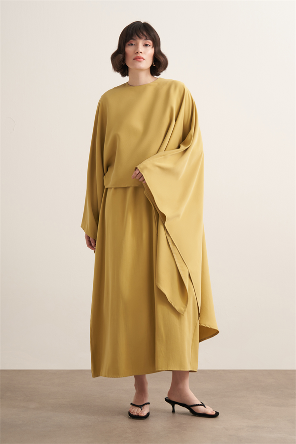 Dhiba Cupra Pelerinli İkili Elbise Takımı Sarı