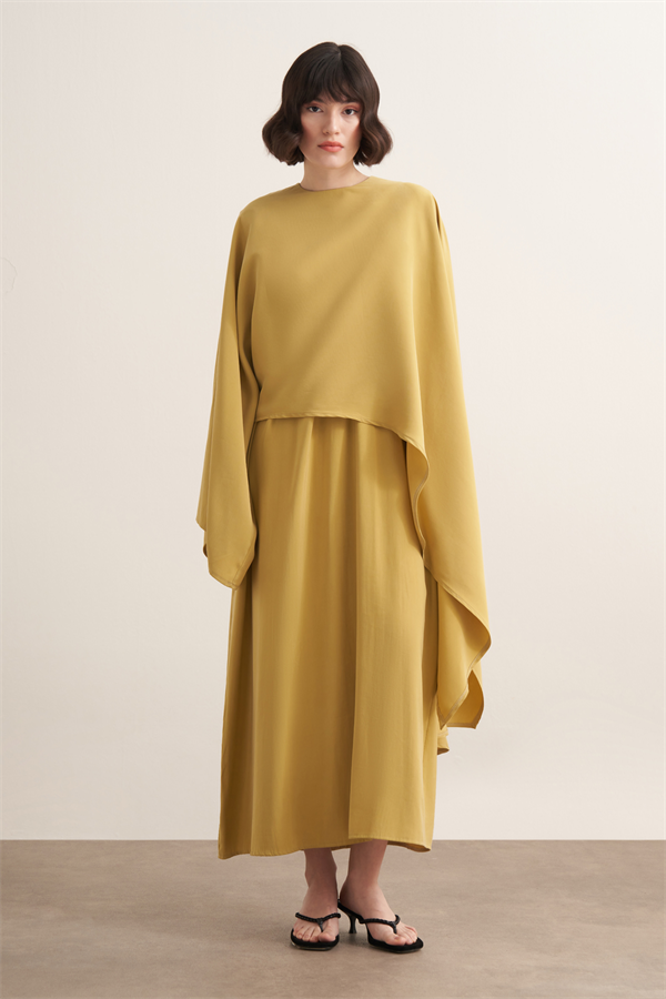 Dhiba Cupra Pelerinli İkili Elbise Takımı Sarı